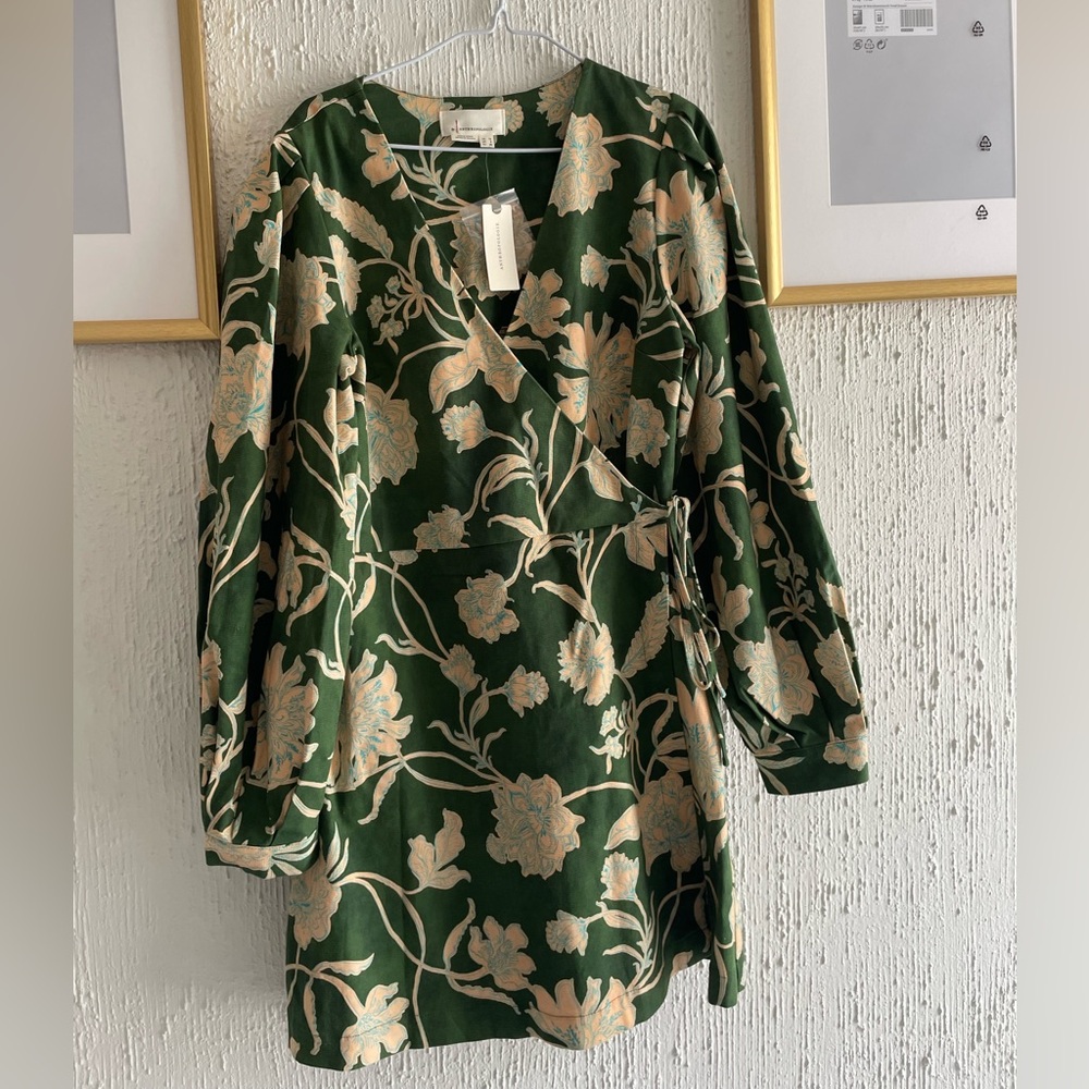 Anthropologie Green and Cream Floral Dress
